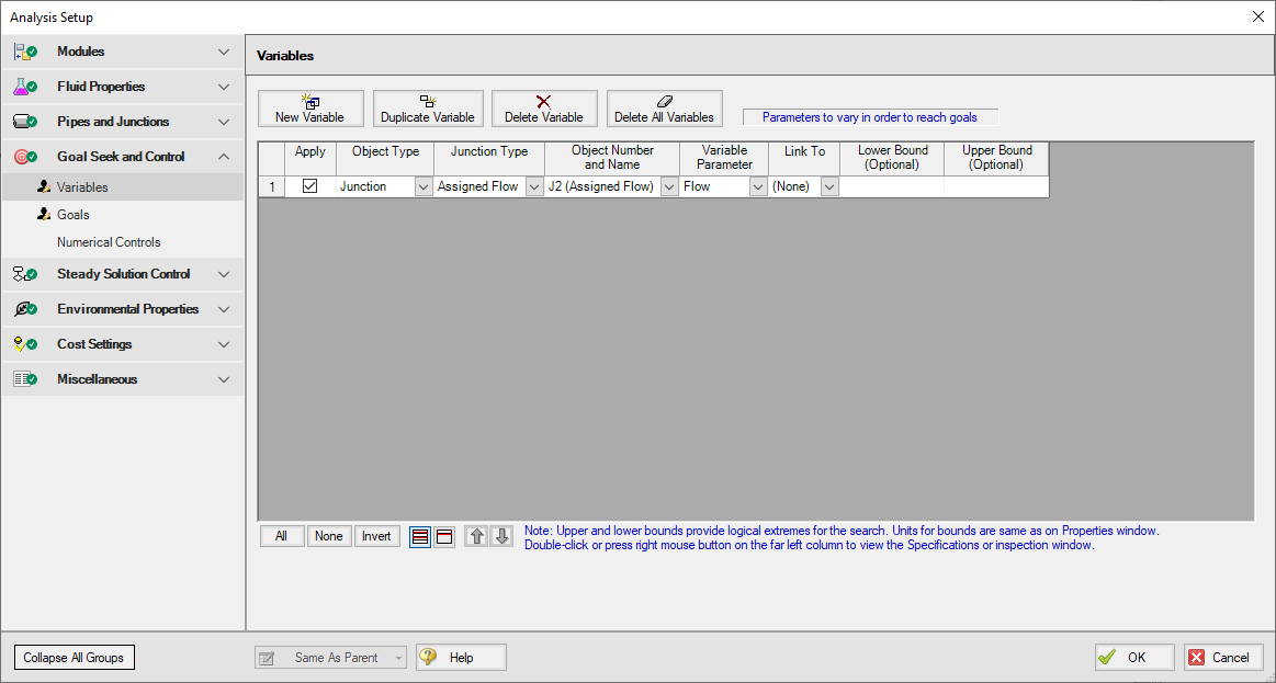 The Variables tab of the Goal Seek and Control Manager.